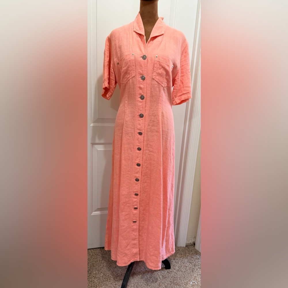 Vintage Monique Fashions European Linen Maxi Button Down Shirt Dress